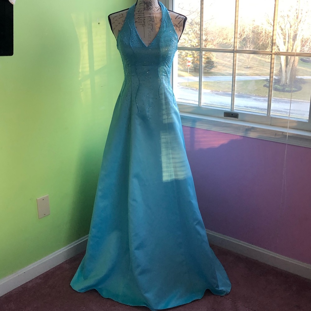 Full length blue formal dress